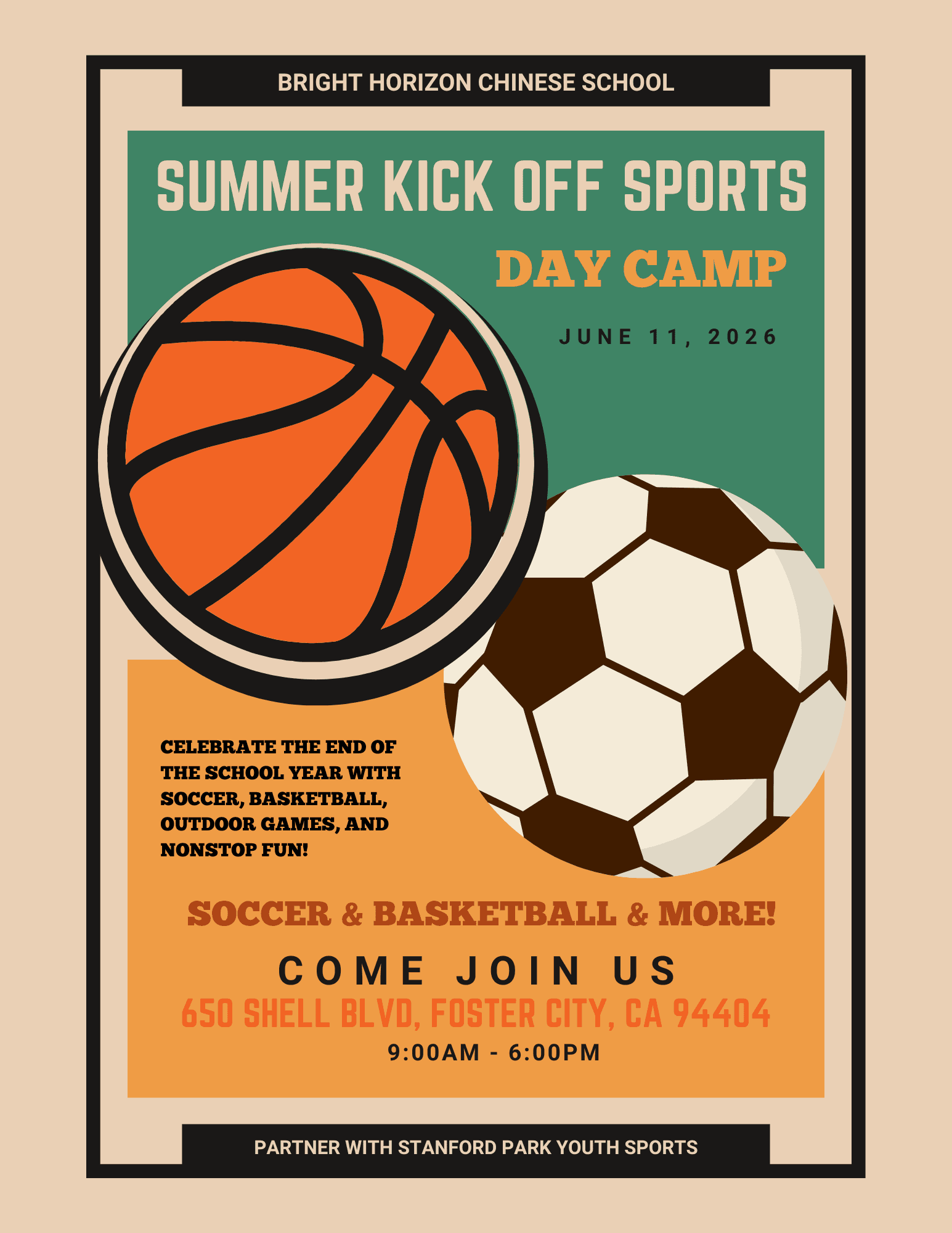 Summer Kick Off Sports Day Camp poster — June 11, 2026
