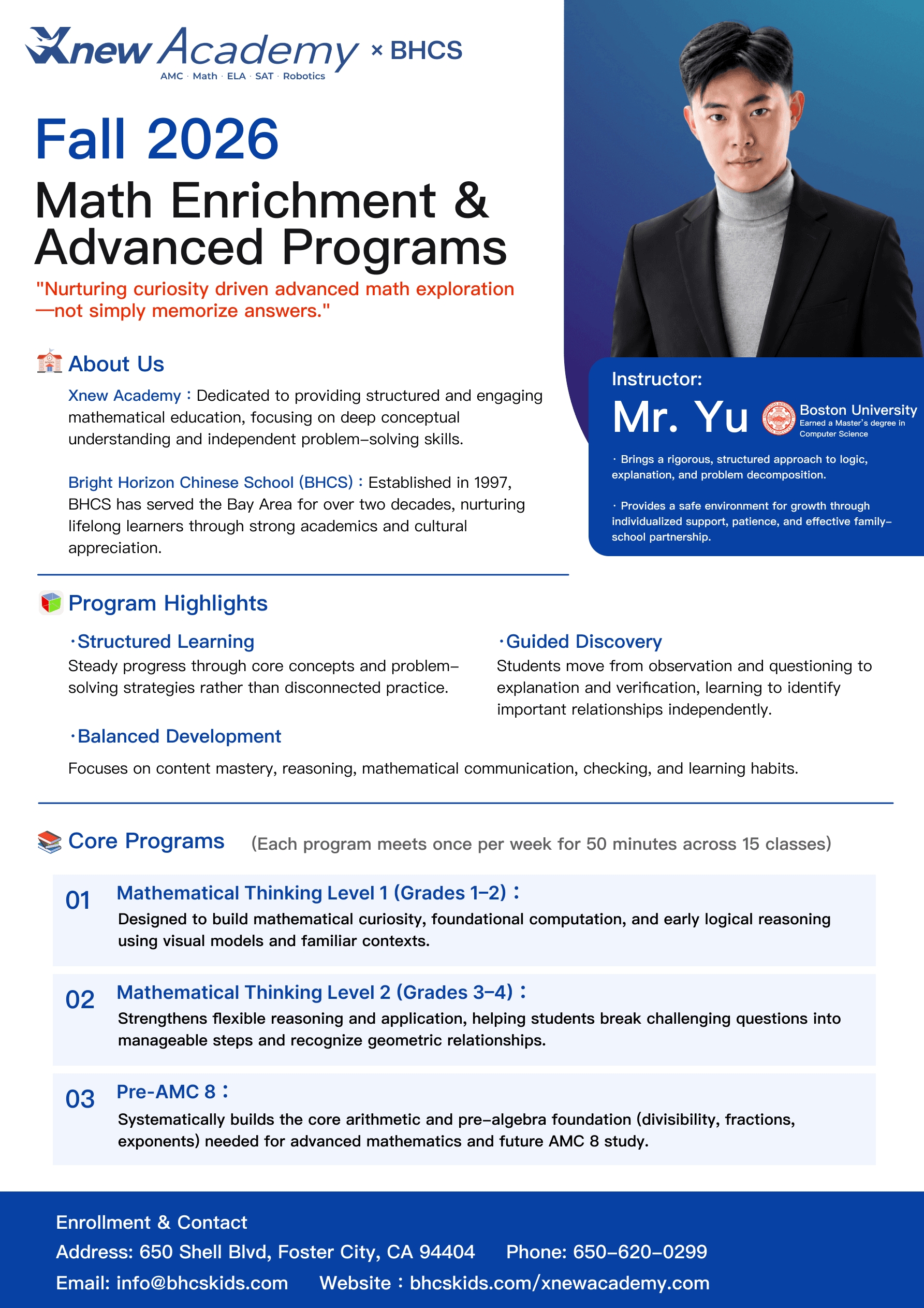 Xnew Academy x BHCS Fall 2026 Math Enrichment & Advanced Programs poster